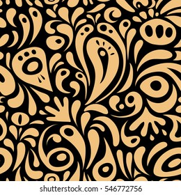 Beige texture on black background. Seamless vector background. Graphic modern pattern. Abstract pattern in Arabian style.