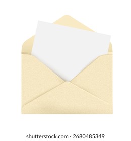 Beige textured envelope with empty sheet paper, mockup. Vector graphic design, blank template realistic envelope on white background