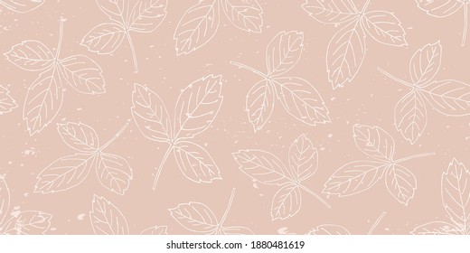 Follaje de textura beige sin costuras con hojas. Impresión a la moda con ilustraciones de plantas dibujadas a mano. Ornamento foliage lineal de la naturaleza para textiles, tejidos, papel pintado, diseño de superficie