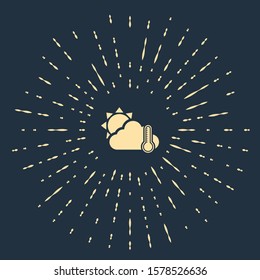 Beige Thermometer and cloud with sun icon isolated on dark blue background. Abstract circle random dots. Vector Illustration