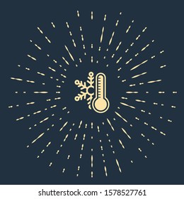 Beige Thermometer with snowflake icon isolated on dark blue background. Abstract circle random dots. Vector Illustration