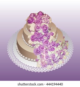 Beige tiered cake, white lace tablecloth, the background red gradient, vector