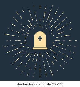 Beige Tombstone with cross icon isolated on dark blue background. Grave icon. Abstract circle random dots. Vector Illustration
