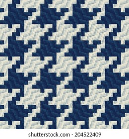 Beige and Tonal Blue Glitch Effect Textured Houndstooth Pattern
