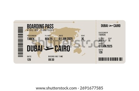 Beige toned boarding pass on white displays flight from Dubai to Cairo, flight BDX 25, date January 1, 2025, gate 12B, boarding 0930, and passenger Tarek.