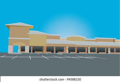 Beige Toned Retail Strip Mall With Tin Roof