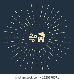 Beige Tornado swirl damages house roof icon isolated on dark blue background. Cyclone, whirlwind, storm funnel, hurricane wind icon. Abstract circle random dots. Vector Illustration
