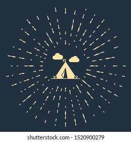 Beige Tourist tent with flag icon isolated on dark blue background. Camping symbol. Abstract circle random dots. Vector Illustration