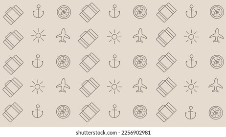 Beige travel background with airplane, suitcase and compass