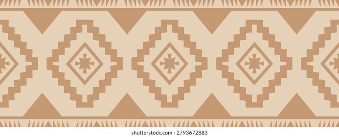 Beige tribal border seamless pattern vector illustration. Modern geometric southwestern ethnic navajo horizontal frame design with earthy tan diamond and zigzag motifs, perfect for rustic boho textile, fabric.