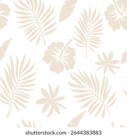 Beige tropical floral palm leaf pattern on white background seamless pattern for fabric, textiles, clothing, wallpaper, cover, banner, home decor, florals backgrounds