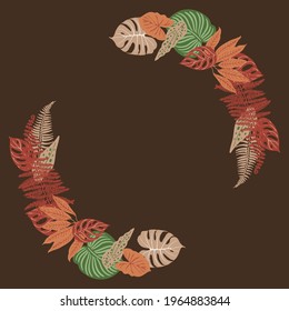 Marco vectorial de hojas tropicales beige. Decoración exótica. Decoración de moda color verde marrón 