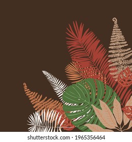 Beige tropical leaves vector frame. Exotic decor. Fashion decoration color brown green 