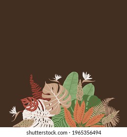 Beige tropical leaves vector frame. Exotic decor. Fashion decoration color brown green 