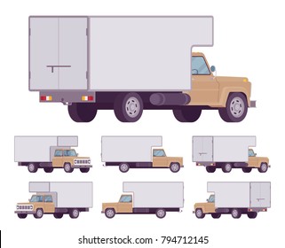 Beige truck set. Large, heavy motor vehicle for transporting goods, powerful car for long distance travel. Vector flat style cartoon illustration isolated on white background, different positions