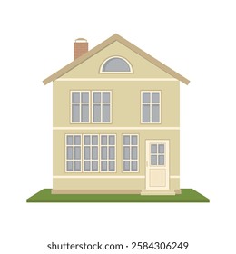 Beige two-storied cottage isolated on a white background. Vector illustration in flat style. Colored icon of home, building, cottage, apartment. 