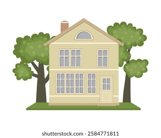 Beige two-storied cottage and trees isolated on a white background. Vector illustration in flat style. Colored icon of home, building, cottage, apartment.	