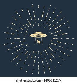 Beige UFO abducts cow icon isolated on dark blue background. Flying saucer. Alien space ship. Futuristic unknown flying object. Abstract circle random dots. Vector Illustration