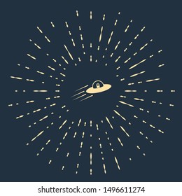 Beige UFO flying spaceship and alien icon isolated on dark blue background. Flying saucer. Alien space ship. Futuristic unknown flying object. Abstract circle random dots. Vector Illustration
