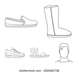 Beige ugg boots with fur, brown loafers with a white sole, sandals with a fastener, white and blue sneakers. Shoes set collection icons in outline style vector symbol stock illustration web.