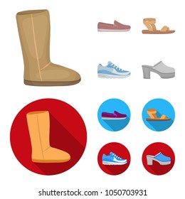 Beige ugg boots with fur, brown loafers with a white sole, sandals with a fastener, white and blue sneakers. Shoes set collection icons in cartoon,flat style vector symbol stock illustration web.