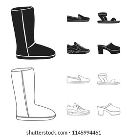 Beige ugg boots with fur, brown loafers with a white sole, sandals with a fastener, white and blue sneakers. Shoes set collection icons in black,outline style vector symbol stock illustration web.