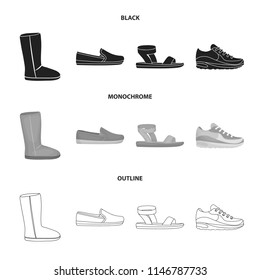 Beige ugg boots with fur, brown loafers with a white sole, sandals with a fastener, white and blue sneakers. Shoes set collection icons in black,monochrome,outline style vector symbol stock