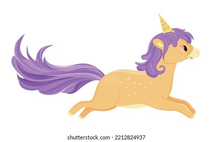 Beige unicorn running. Charming animal with purple mane and horn. Fantasy and imagination. Sticker for social networks and messengers. Toy or mascot for children. Cartoon flat vector illustration