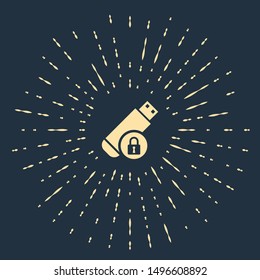 Beige USB flash drive with closed padlock icon isolated on dark blue background. Security, safety, protection concept. Abstract circle random dots. Vector Illustration
