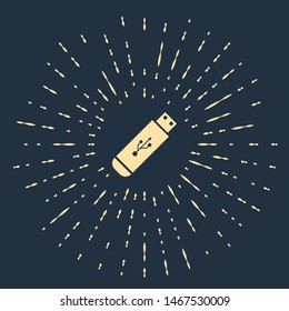 Beige USB flash drive icon isolated on dark blue background. Abstract circle random dots. Vector Illustration