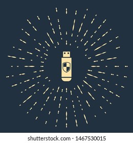 Beige USB flash drive and protection shield icon isolated on dark blue background. Abstract circle random dots. Vector Illustration