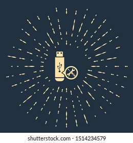 Beige USB flash drive with screwdriver and wrench icon isolated on dark blue background. Adjusting, service, setting, maintenance, repair, fixing. Abstract circle random dots. Vector Illustration