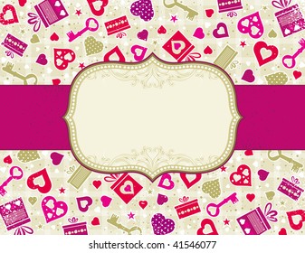 beige valentine background with hearts and gifts,  vector illustration