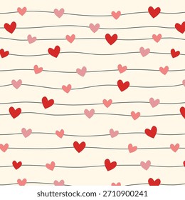 Beige Valentinstag Herzlinie Muster mit weichen horizontalen Wellen und süßen rosa roten Herzen