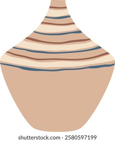 Beige vase featuring blue and brown stripes positioned against a white background, enhancing home decor and interior design projects with its modern and minimalist elegance