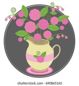 Beige vase with pink flowers. Vector illustration.