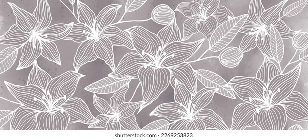 Beige vector botanical illustration with white lilies, branches, leaves and buds for decor, covers, backgrounds