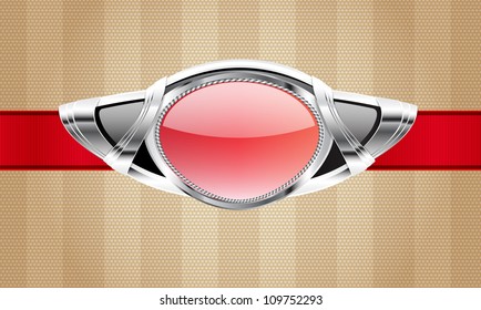 Beige vector fabric textured striped background with red ribbon and vintage automotive style metal / glass badge