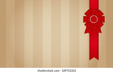 Beige vector fabric textured striped background with red ribbon and bow knot decoration