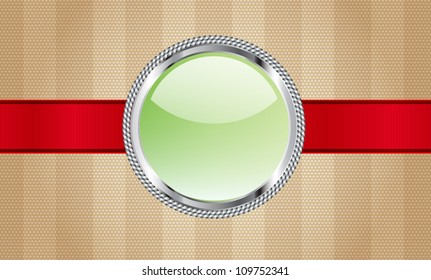 Beige vector fabric textured striped background with red ribbon and round glass badge with metallic decoration