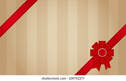 Beige vector fabric textured striped background with red ribbon and bow knot decoration