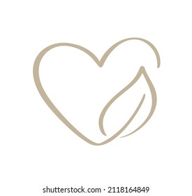 Beige vector icon heart shape and leaf. Can be used for eco, vegan herbal healthcare or nature care concept organic logo design.