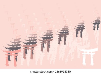 Beige vector japanese background template. Light colored torii as a japanese hills. Brown, peach and sakura color landscape