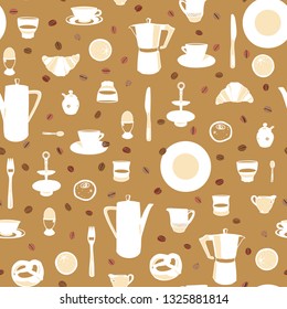 Beige vector repeat pattern with breakfast table and coffee beans. Menu card. Surface pattern design.