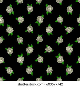 Beige vector roses petals on a black background.