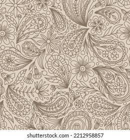 BEIGE VECTOR SEAMLESS BACKGROUND WITH BROWN PAISLEY CONTOUR PATTERN