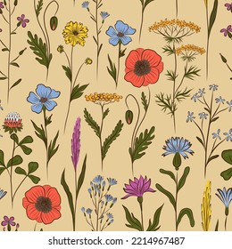 BEIGE VECTOR SEAMLESS BACKGROUND WITH MULTICOLORED WILDFLOWERS