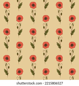 BEIGE VECTOR SEAMLESS BACKGROUND WITH RED POPPY WILDFLOWERS