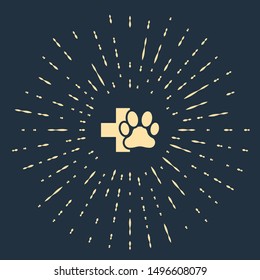 Beige Veterinary clinic symbol icon isolated on dark blue background. Cross hospital sign. A stylized paw print dog or cat. Pet First Aid sign. Abstract circle random dots. Vector Illustration