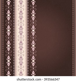 Beige vintage seamless border on brown.  Element for design and place your text. Ornamental backdrop. Pattern fill. Ornate floral decor for wallpaper. Traditional decor on brown background.